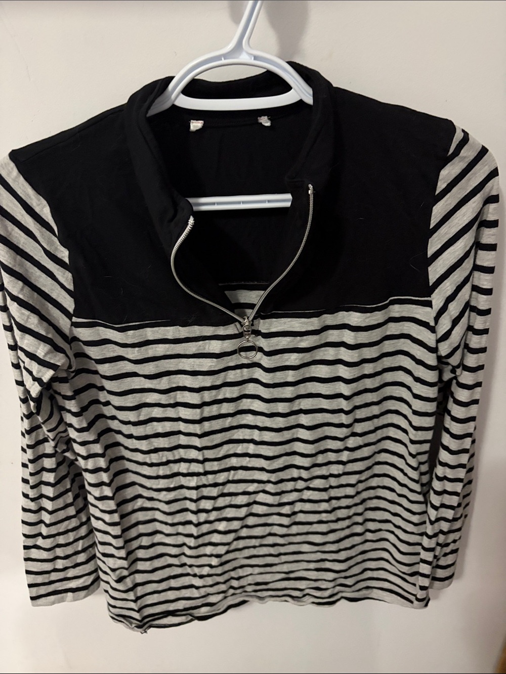 Striped Black and White Quarter-Zip Long Sleeve Top